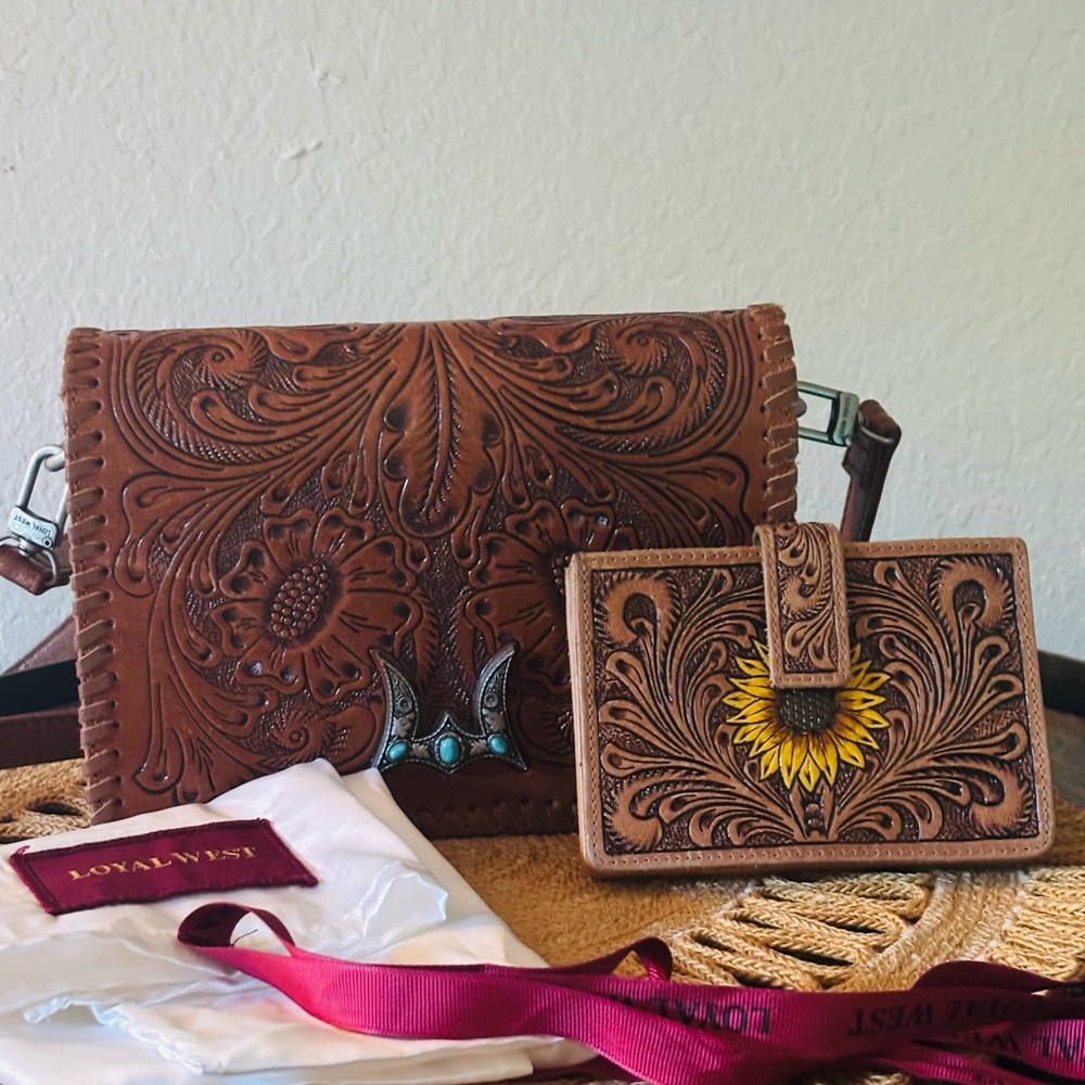 Brown Embossed Crossbody Bag and Wallet